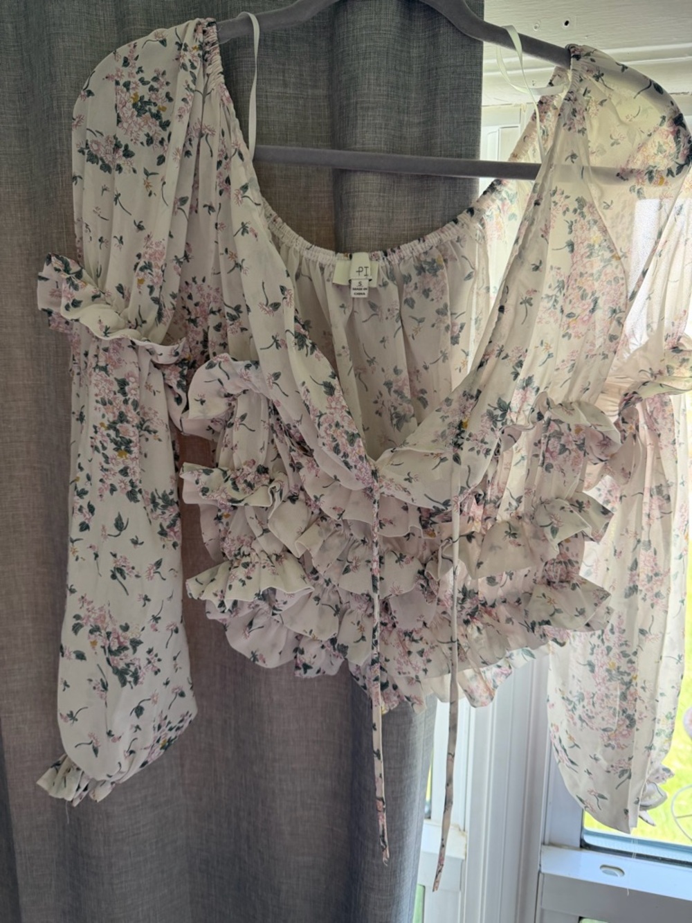 Pinch Light Pink Floral Ruffled Tie-Front Blouse
